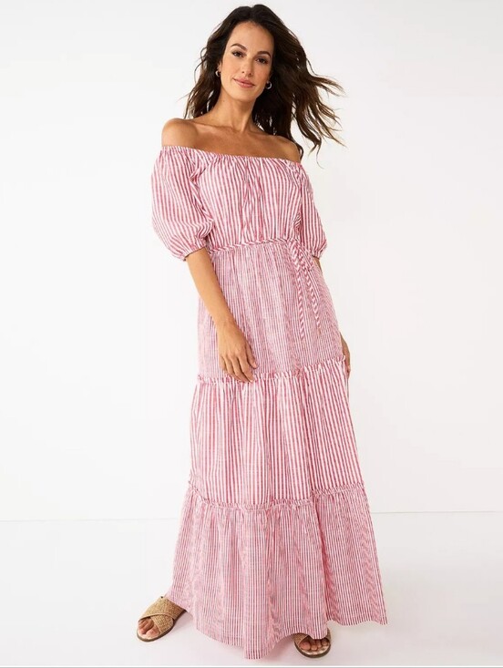 Draper James Dresses & Skirts - DRAPER JAMES RSVP Puff Sleeve Tiered Maxi Dress Red White Striped Size Medium